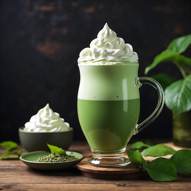 Foto grüntee-latte mit schlagsahne auf holztisch