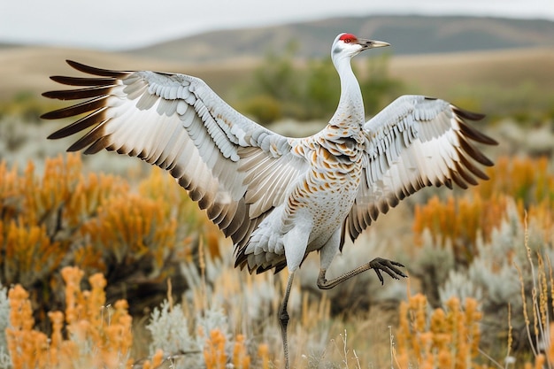 Una grulla de montaña de arena realizando su danza de cortejo