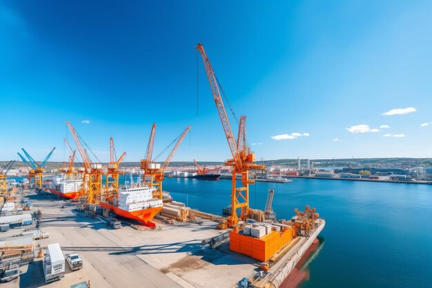 Grullas en el muelle comercial contra el cielo azul claro