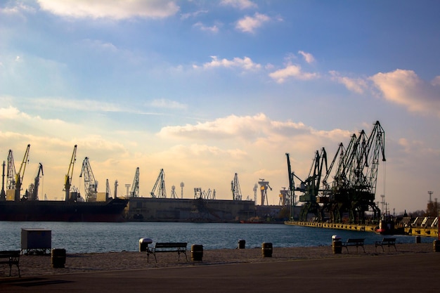 Foto grullas en el muelle comercial contra el cielo durante la puesta de sol