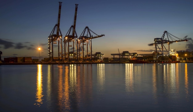 Foto grullas en el muelle comercial contra el cielo