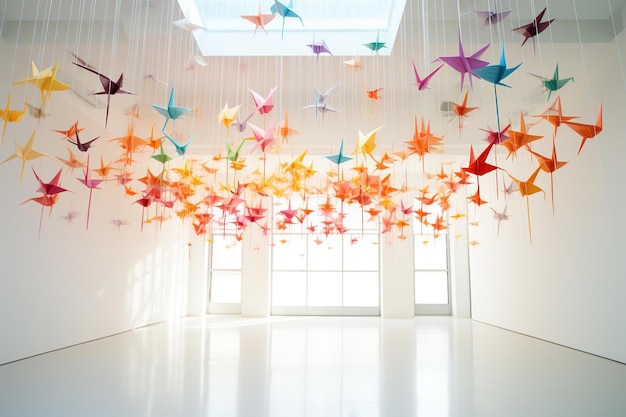 Foto grullas de origami de colores arco iris suspendidas en una habitación blanca minimalista