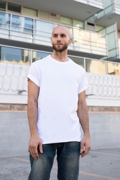 Grundlegendes weißes T-Shirt für Männer, Mode-Kleidung, Outdoor-Shoot