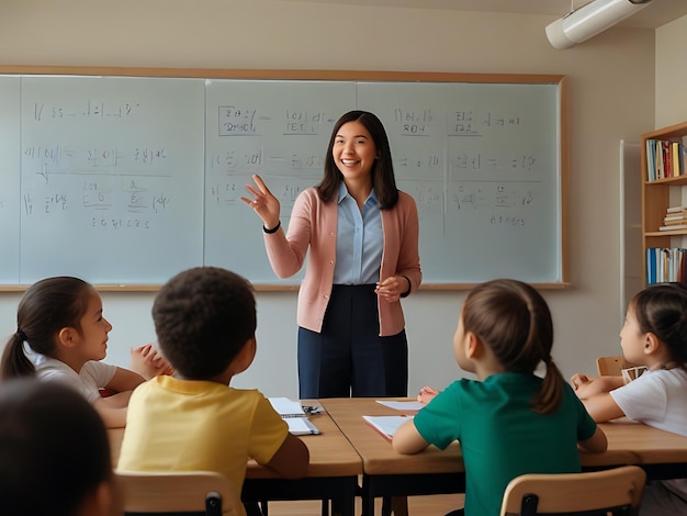 Grundschüler heben ihre Arme auf eine Klasse