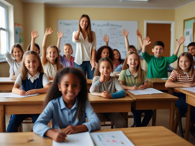 Foto grundschüler heben ihre arme auf eine klasse