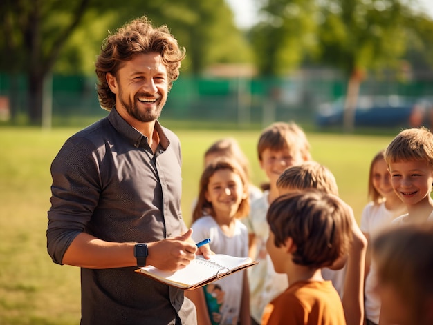 Grundschüler und Lehrer sitzen mit einem Ball auf dem Feld