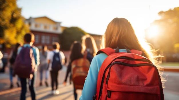 Grundschulkinder betreten mit Rucksäcken die Schule