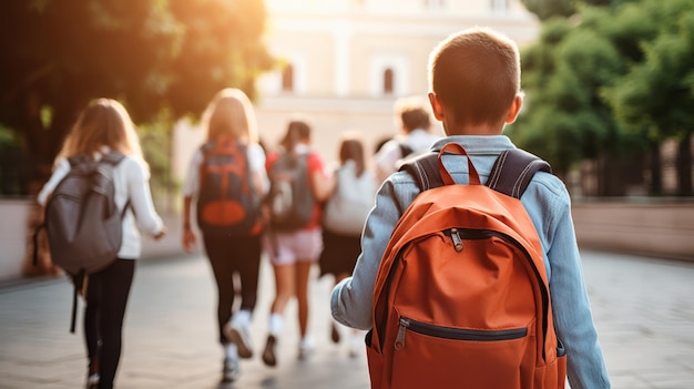 Grundschulkinder betreten mit Rucksäcken die Schule