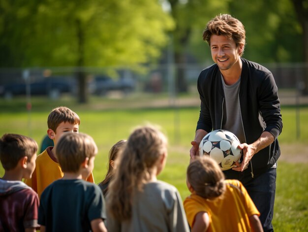 Grundschulkinder und Lehrer sitzen mit Ball im Feld