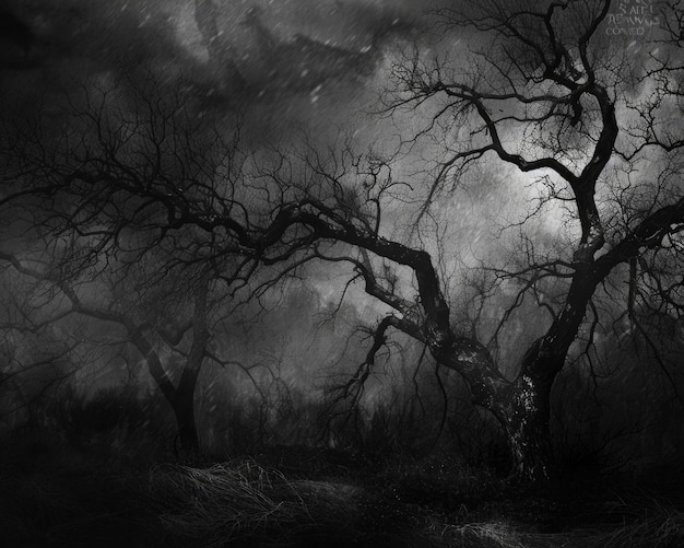 Foto grunge blanco aterrador bosque de halloween con árboles viejos en blanco y negro