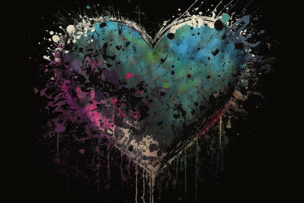 Grunge corazón de San Valentín con pintura de corazones sobre fondo negro