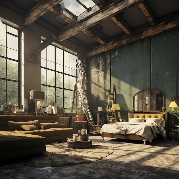 Grunge Elegance 3D Renderização de um interior elegante