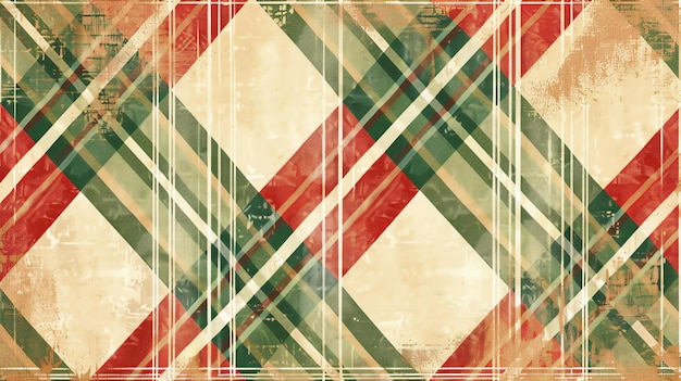 Grunge-Hintergrund mit Tartan-Muster Der Hintergrund ist beige und das Tartan-Muster ist rot und grün