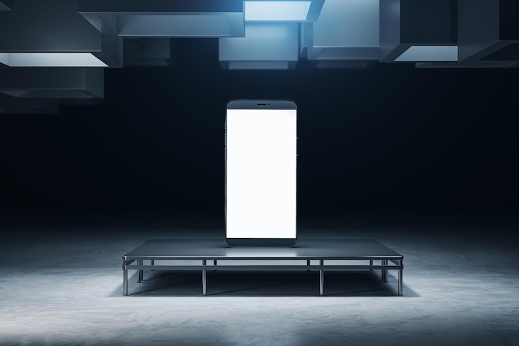 Foto grunge moderno interior com branco vazio mock up smartphone em pedestal pedestal 3d rendering