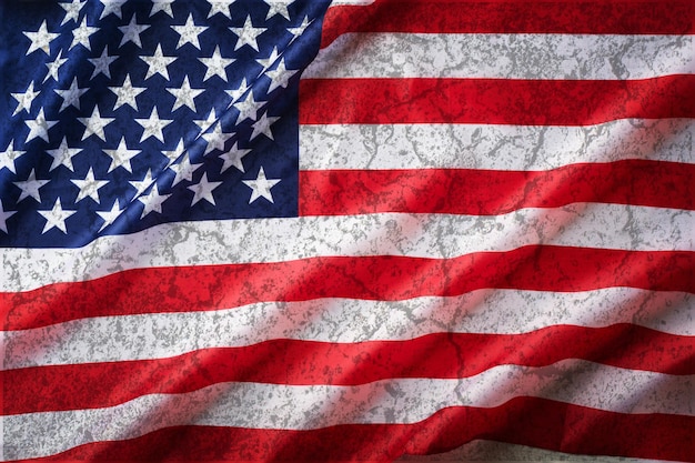 Grungy American USA Flag Hintergrund für Design Wunderschön wehende Welle alte Wandtextur der amerikanischen Flagge für Design Nationalstolz der Vereinigten Staaten Amerika Memorial President Labor Day Hintergrund