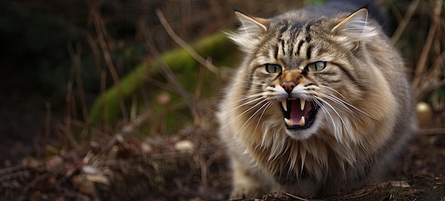 Gruñido gato salvaje AI generó una idea de banner con espacio de copia para el día internacional del gato