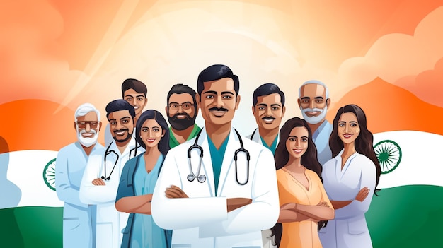 Grupo de 4 médicos cirujanos indios asiáticos de pie aislados en fondo blanco enfoque selectivo