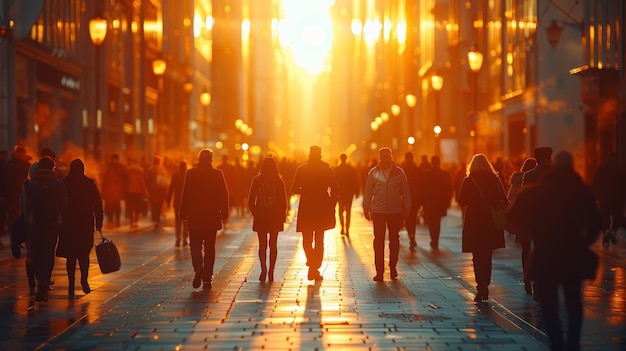 Grupo a caminhar pela rua ao pôr-do-sol