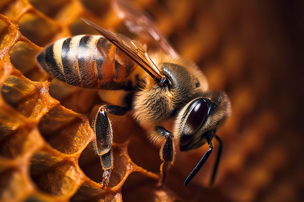 Grupo de abejas en el panal produciendo miel