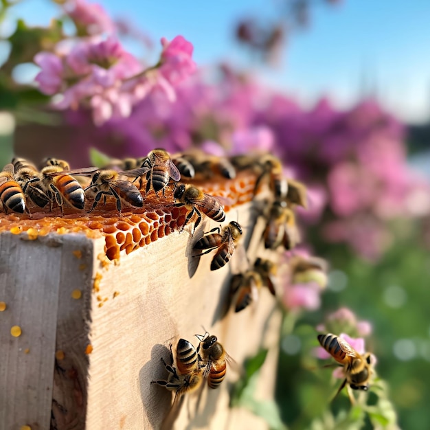 Un grupo de abejas se reúnen alrededor de una colmena.