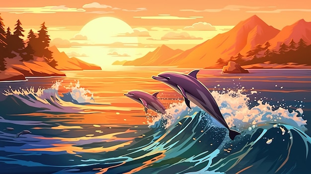 Grupo abstrato de golfinhos A beleza da natureza ganha vida em uma ilustração de um grupo de golfinhos Generative AI
