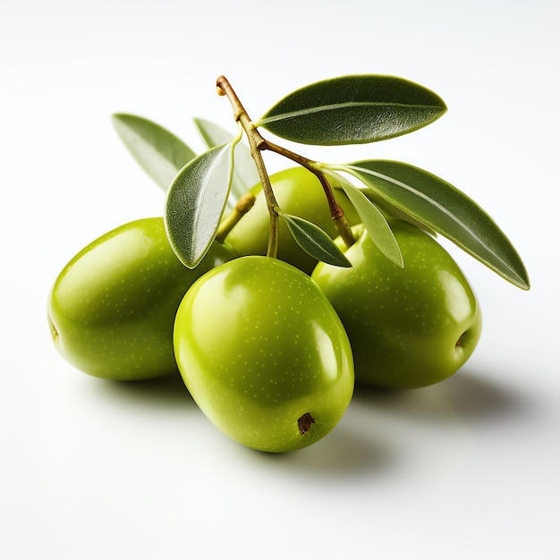 Un grupo de aceitunas verdes con hojas.