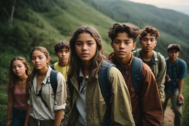 Grupo de adolescentes caminando y disfrutando de la naturaleza, un grupo de jóvenes amigos explorando el aire libre ai generativo