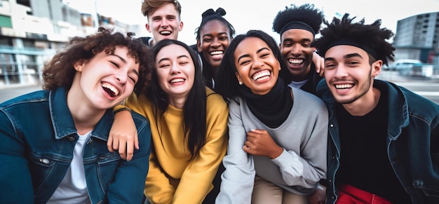 Un grupo de adolescentes diversos posan para una foto. Todos sonríen y ríen.