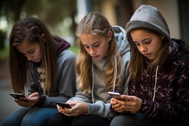 Un grupo de adolescentes mirando hacia abajo en los teléfonos inteligentes