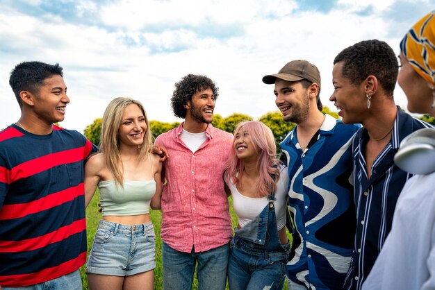 Grupo de adolescentes multiétnicos pasando tiempo al aire libre en un picnic en el parque