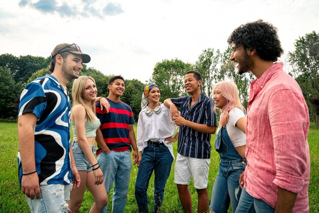 Grupo de adolescentes multiétnicos pasando tiempo al aire libre en un picnic en el parque