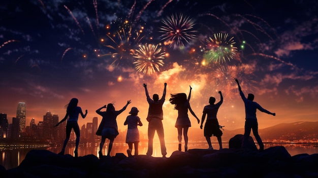 Un grupo de adolescentes saltando con diversión y viendo los fuegos artificiales