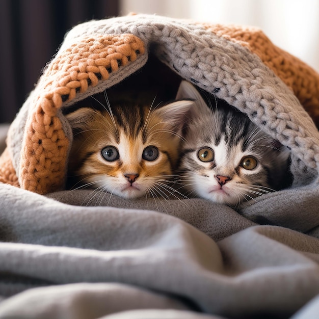 Un grupo de adorables gatitos acurrucados en un acogedor fuerte de mantas generado por IA