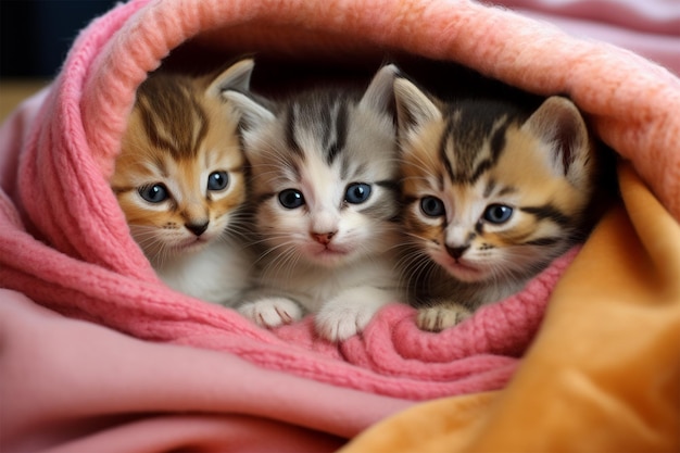 Un grupo de adorables gatitos acurrucados juntos en un acogedor fuerte de mantas