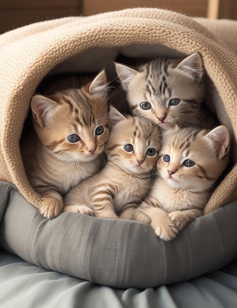 grupo de adorables gatitos acurrucados juntos en una acogedora manta