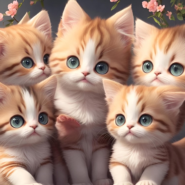 Un grupo de adorables gatitos de anime jugando.