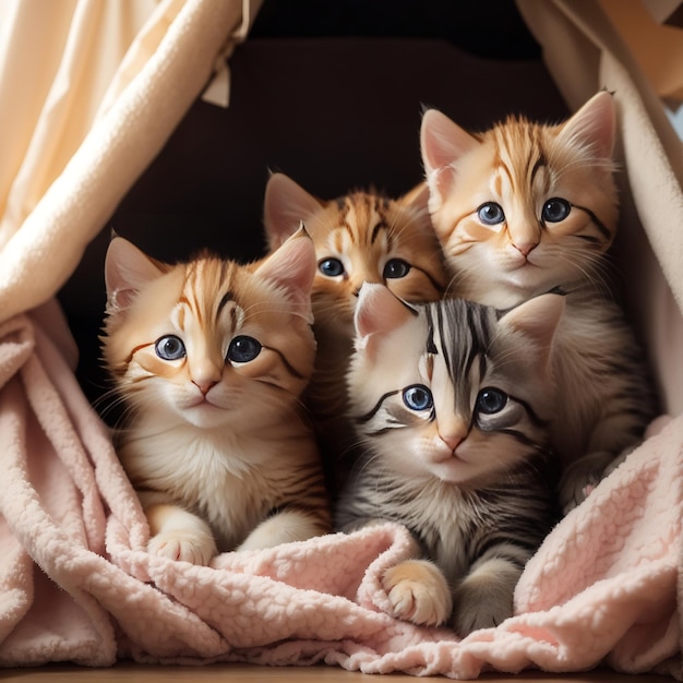 Un grupo de adorables gatitos hermosos acurrucados juntos en una acogedora manta fuerte de día