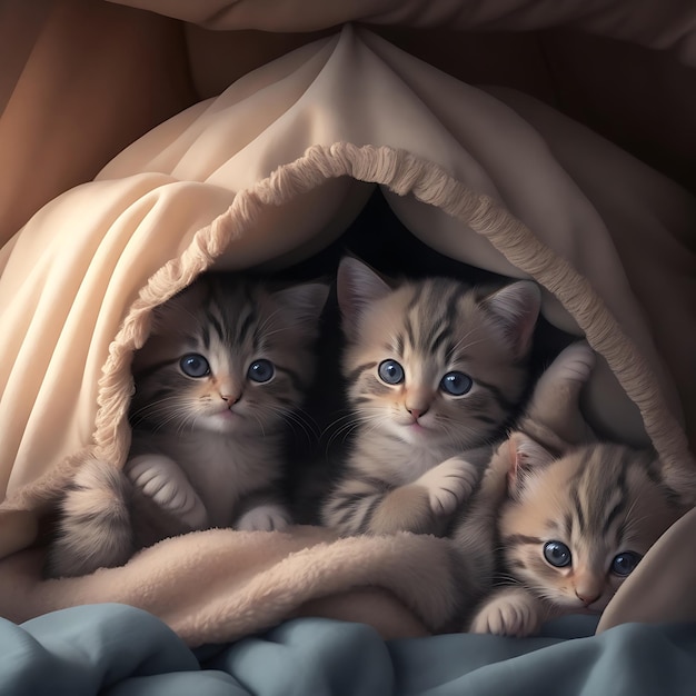 Un grupo de adorables hermosos y lindos gatitos acurrucados juntos en un acogedor fuerte de mantas