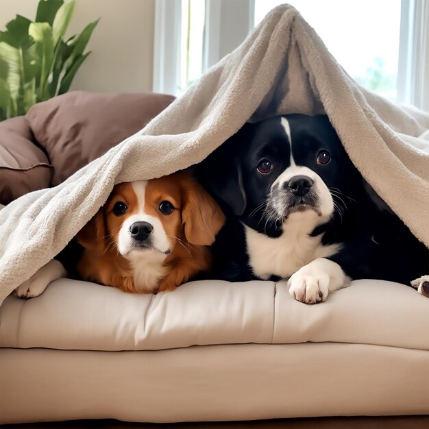 Un grupo de adorables perros acurrucados juntos en un acogedor fuerte de mantas