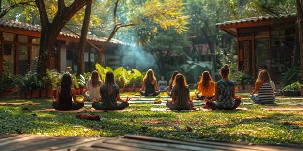 Grupo de adultos asistiendo a una clase de yoga afuera en el parque con fondo natural