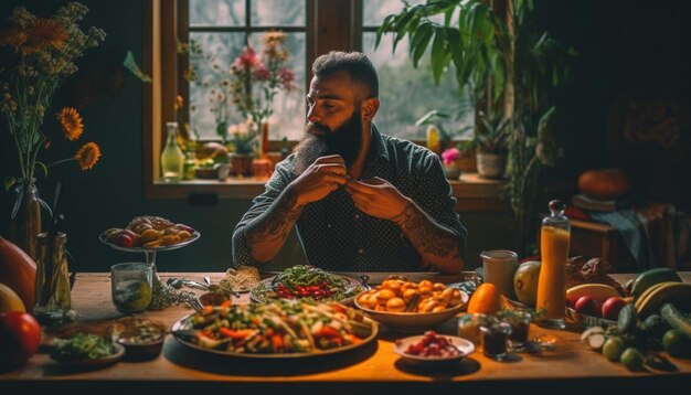 Un grupo de adultos disfrutando de una comida saludable en una cocina acogedora generada por IA