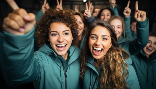 Un grupo de adultos jóvenes aplaudiendo sonriendo y celebrando el éxito generado por la IA