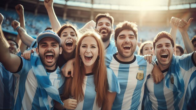 Foto grupo de aficionados al deporte en el estadio animando el partido de fútbol con banderas nacionales celebrando al ganador