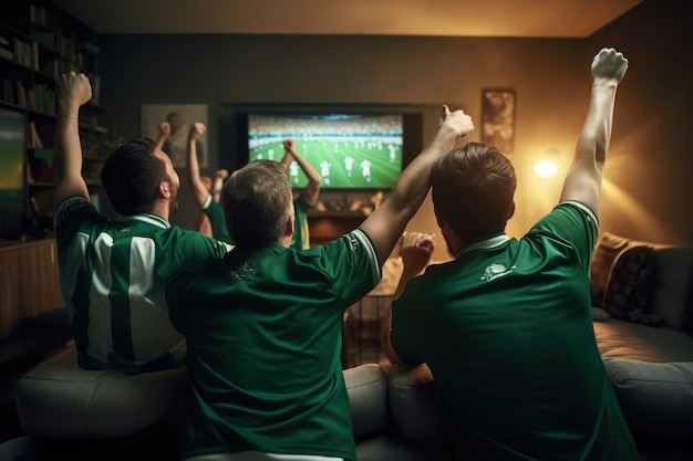 Grupo de aficionados al fútbol vitoreando gritando levantando las manos IA generativa