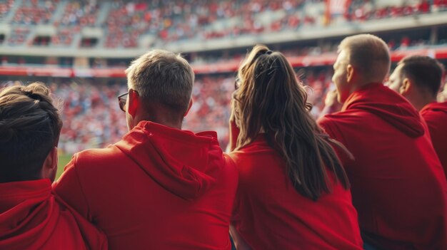 Grupo de aficionados vestidos de rojo viendo un evento deportivo