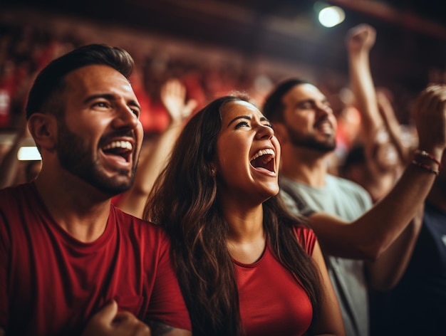 Foto grupo de aficionados viendo un evento deportivo en las gradas de un estadio grupo de espectadores hombres y mujeres aplaudiendo la victoria de su equipo