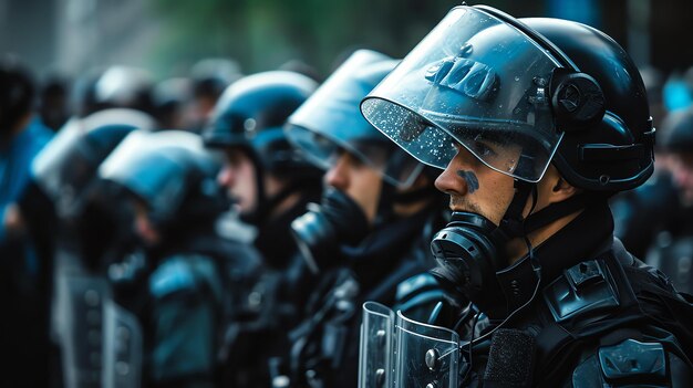 Foto un grupo de agentes de policía con equipo antidisturbios de pie en una línea frente a una multitud de manifestantes los oficiales llevan cascos máscaras de gas y chalecos antiaéreos