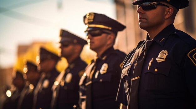 Grupo de agentes de policía formados usando su uniforme oficial