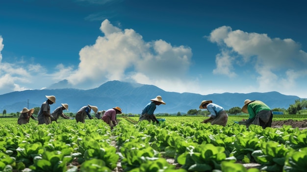 Grupo de agricultores que trabajan juntos en un campo de lechuga cuidando los cultivos bajo un cielo soleado y brillante