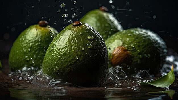 Un grupo de aguacates está siendo salpicado de agua.